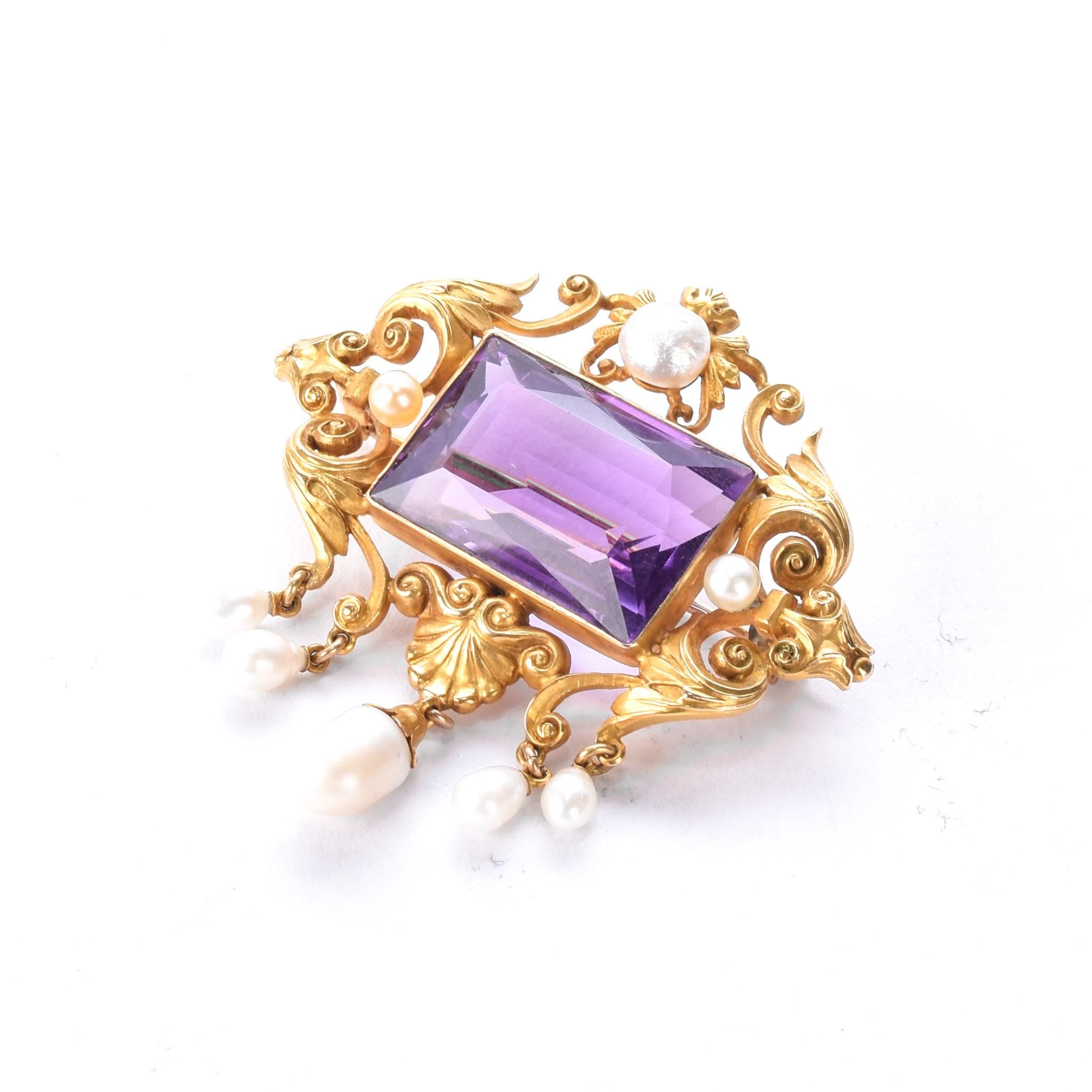 14K Gold Victorian Amethyst and Pearl Brooch