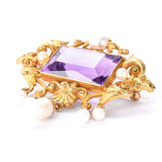 14K Gold Victorian Amethyst and Pearl Brooch