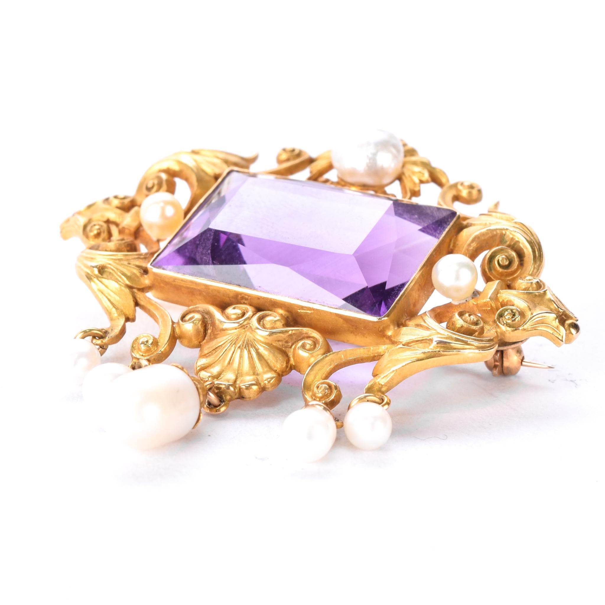 14K Gold Victorian Amethyst and Pearl Brooch