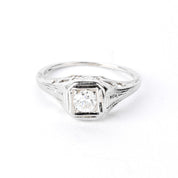 1940s 18K White Gold Natural Diamond Filigree Engagement Ring
