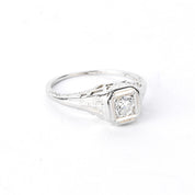 1940s 18K White Gold Natural Diamond Filigree Engagement Ring