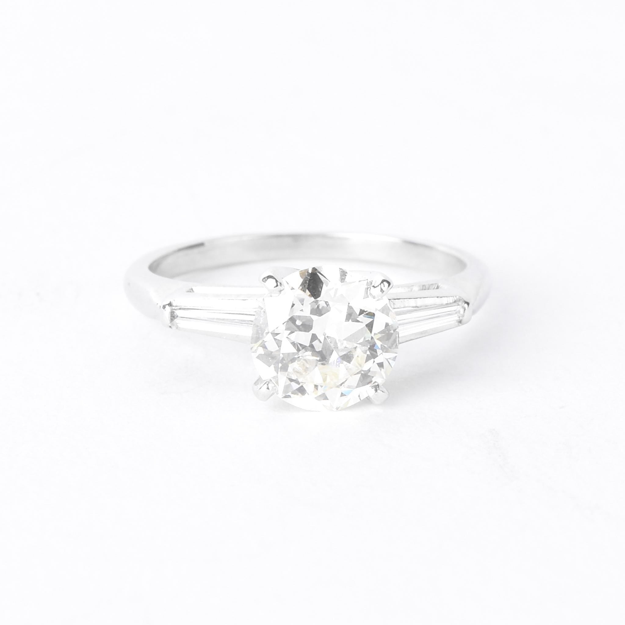 Platinum Round and Baguette 1.62 CT Natural Diamond Engagement Ring