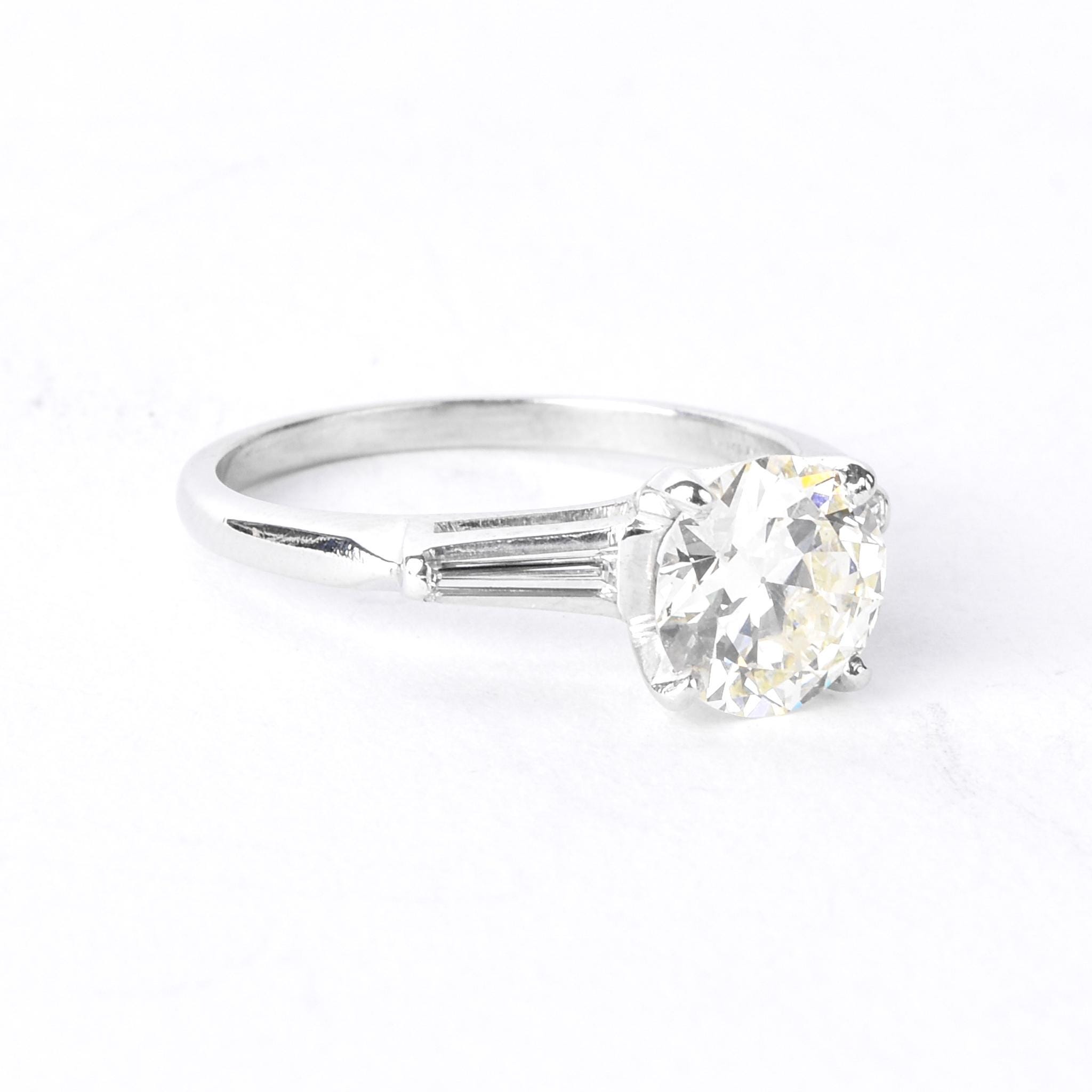Platinum Round and Baguette 1.62 CT Natural Diamond Engagement Ring
