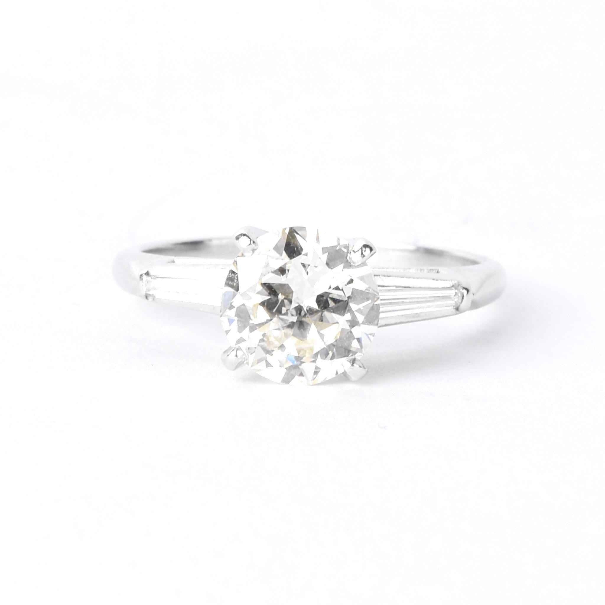 Platinum Round and Baguette 1.62 CT Natural Diamond Engagement Ring