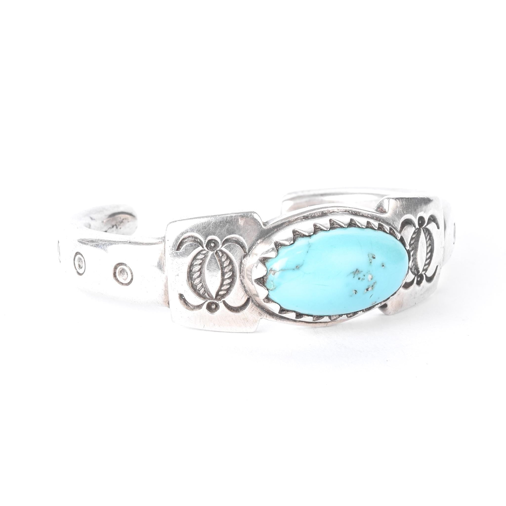 800-900 Coin Silver Heavyweight Stamped Turquoise Cuff Bracelet