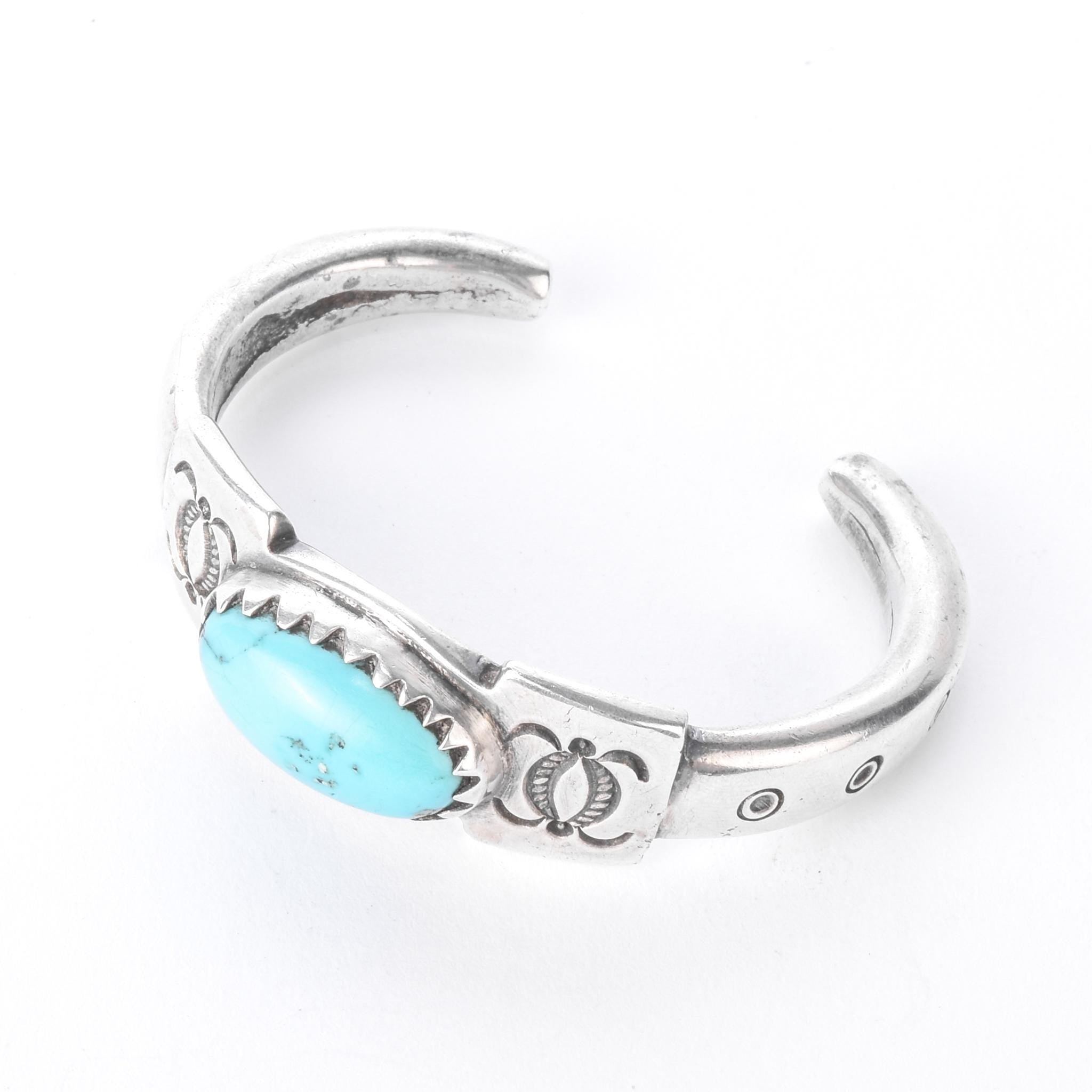 800-900 Coin Silver Heavyweight Stamped Turquoise Cuff Bracelet