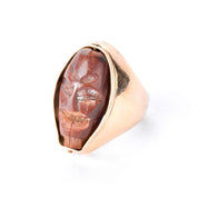Vintage 18K Gold Reversible Chinese Olive Pit Carved Skull and Face Statement Ring, Size 10 1/4