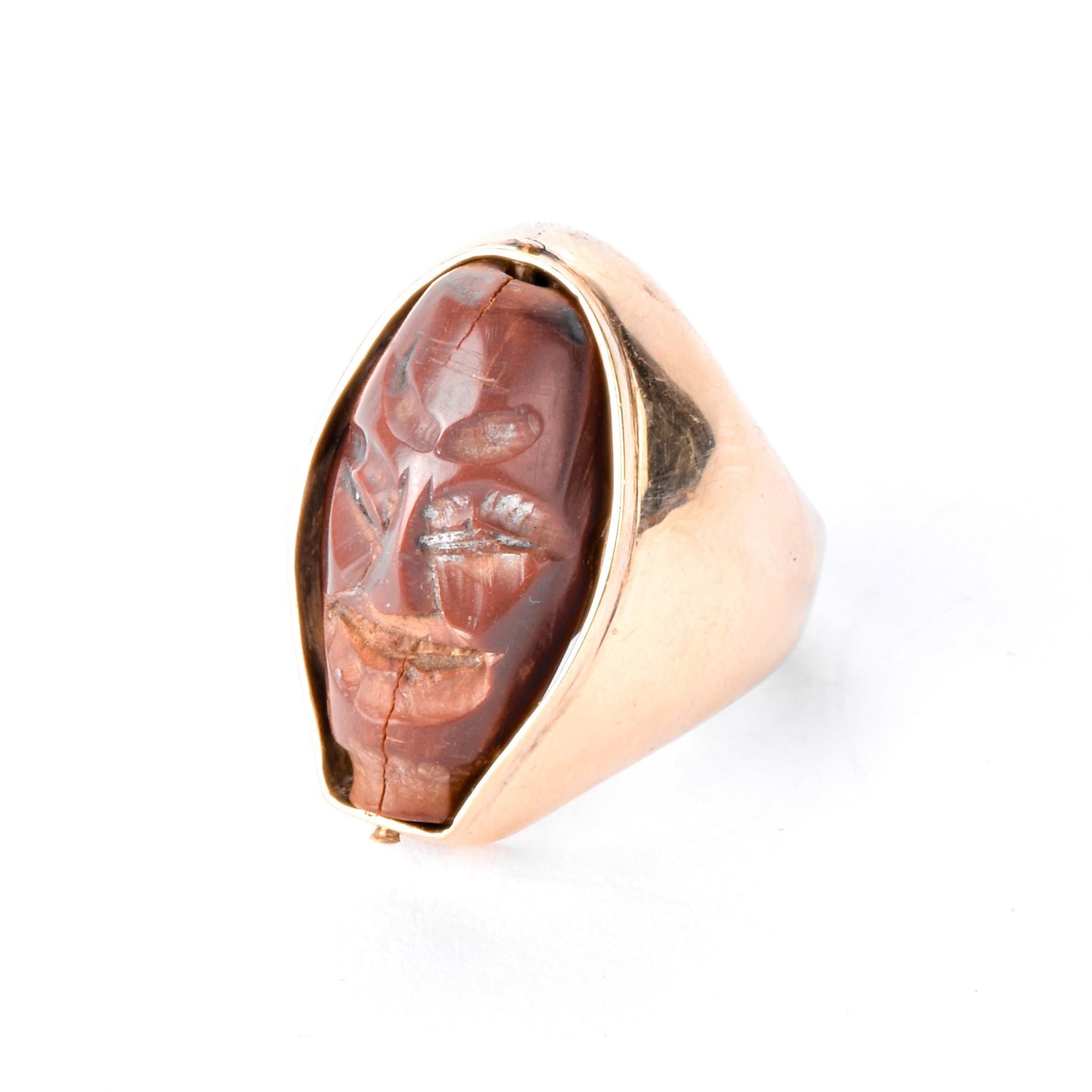Vintage 18K Gold Reversible Chinese Olive Pit Carved Skull and Face Statement Ring, Size 10 1/4