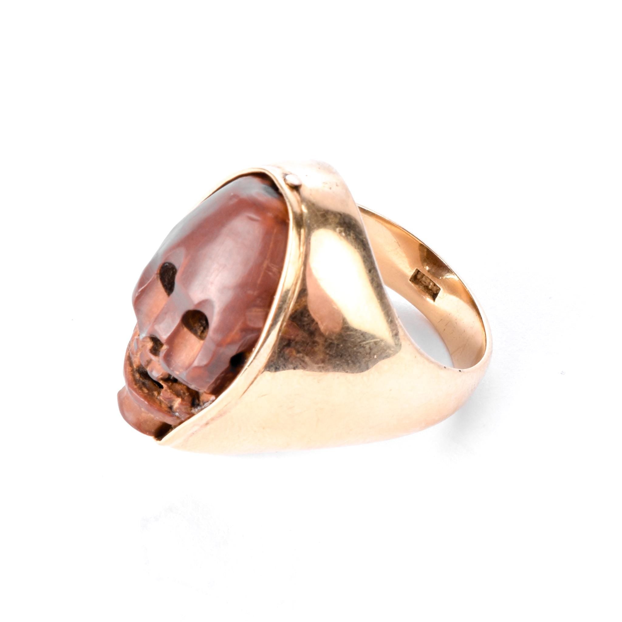 Vintage 18K Gold Reversible Chinese Olive Pit Carved Skull and Face Statement Ring, Size 10 1/4
