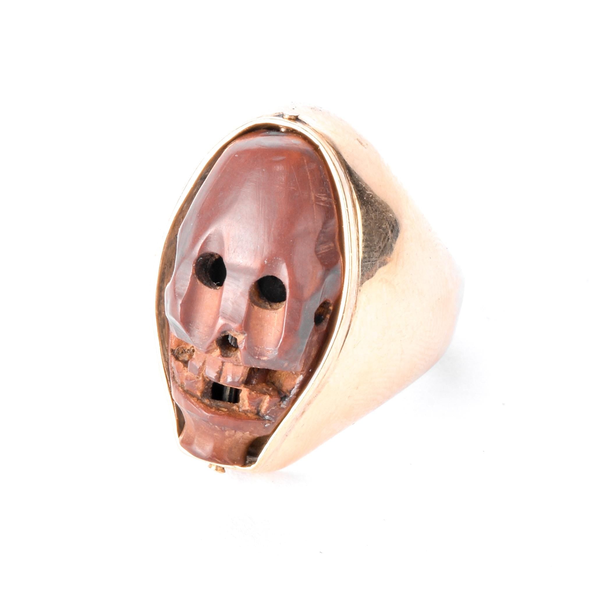 Vintage 18K Gold Reversible Chinese Olive Pit Carved Skull and Face Statement Ring, Size 10 1/4