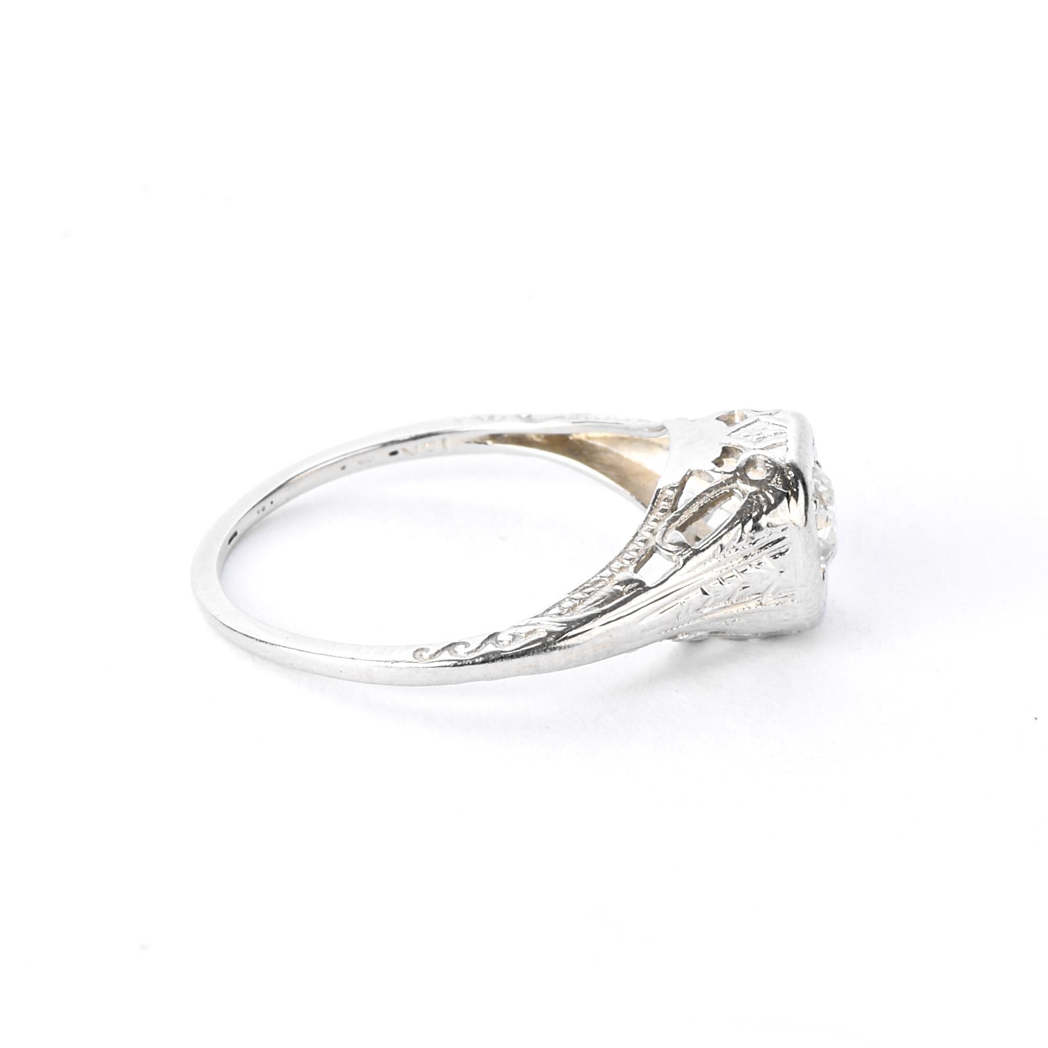1940s 18K White Gold Natural Diamond Filigree Engagement Ring