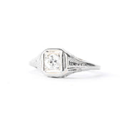 1940s 18K White Gold Natural Diamond Filigree Engagement Ring