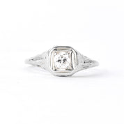 1940s 18K White Gold Natural Diamond Filigree Engagement Ring