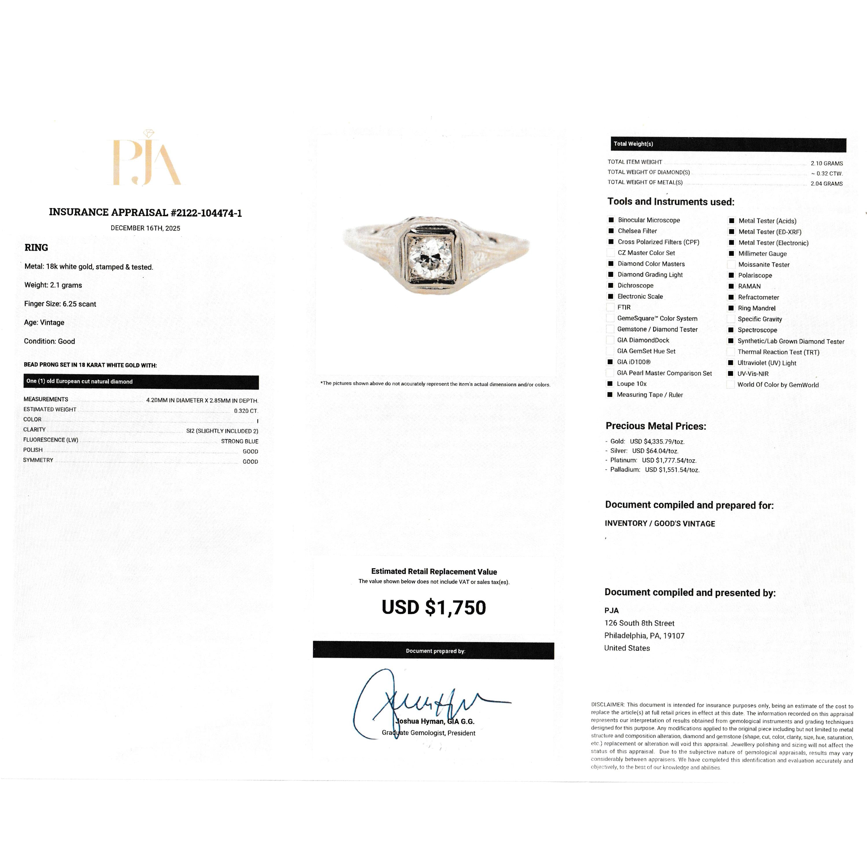 1940s 18K White Gold Natural Diamond Filigree Engagement Ring