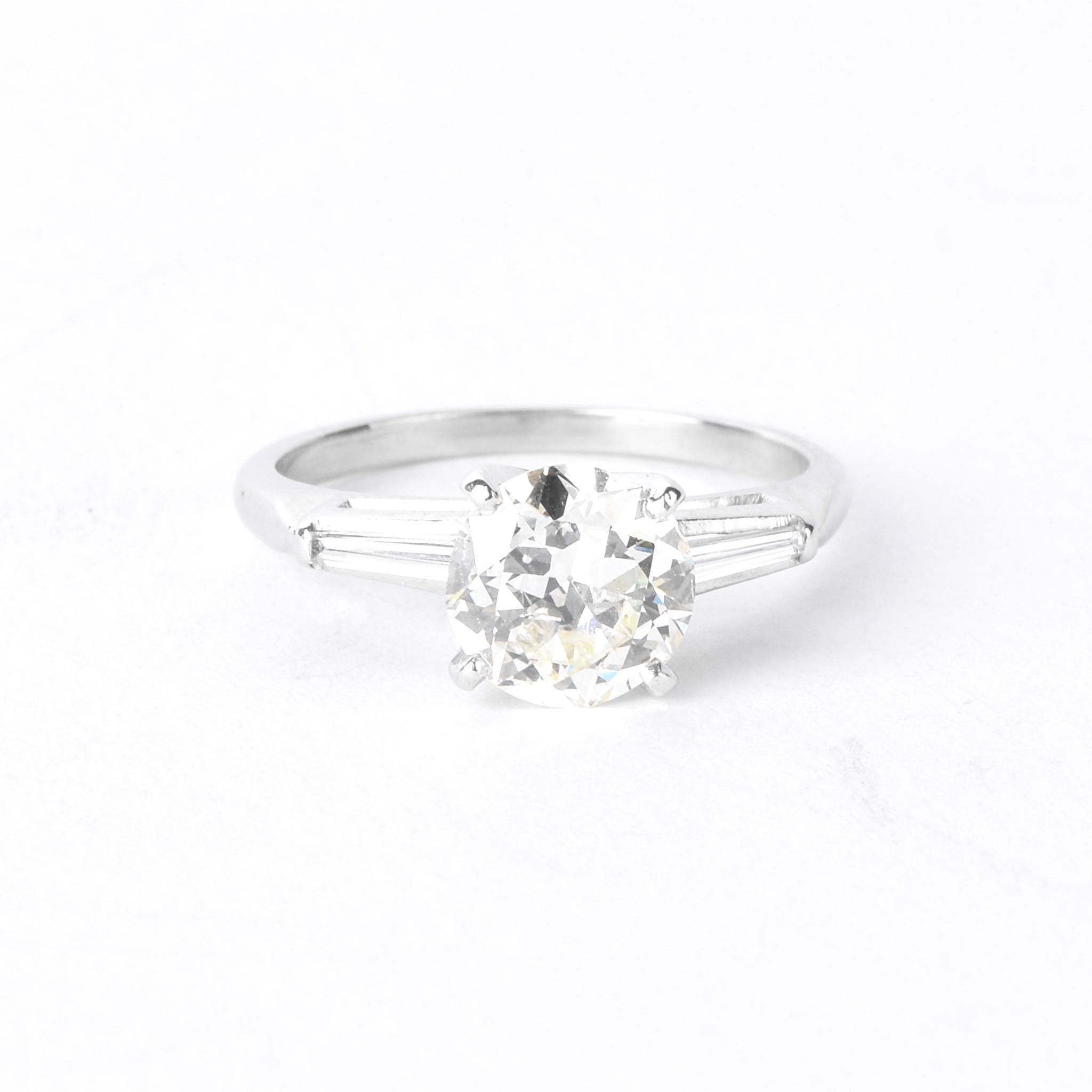 Platinum Round and Baguette 1.62 CT Natural Diamond Engagement Ring