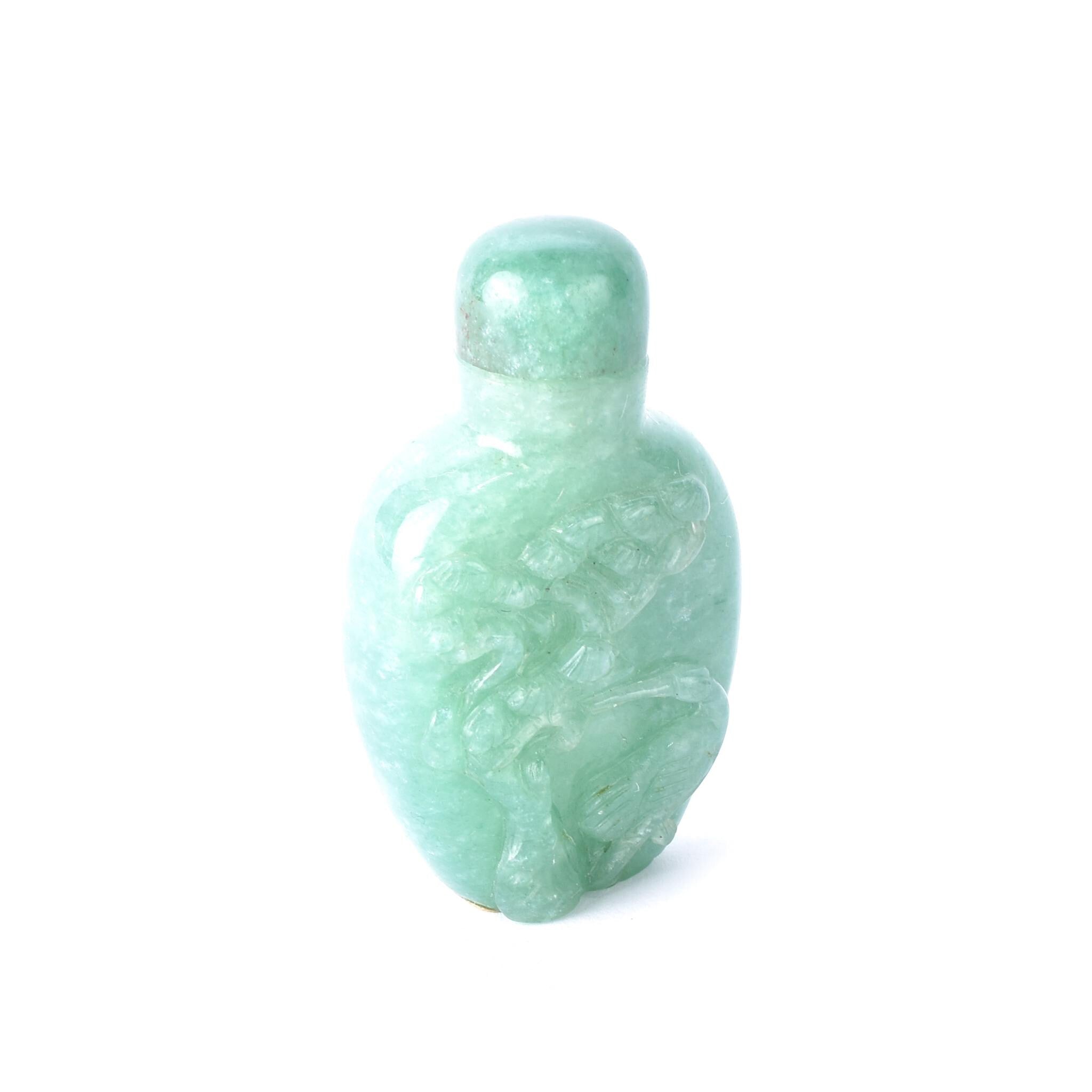 Australian Jade Snuff Bottle with Carved Birds and Trees