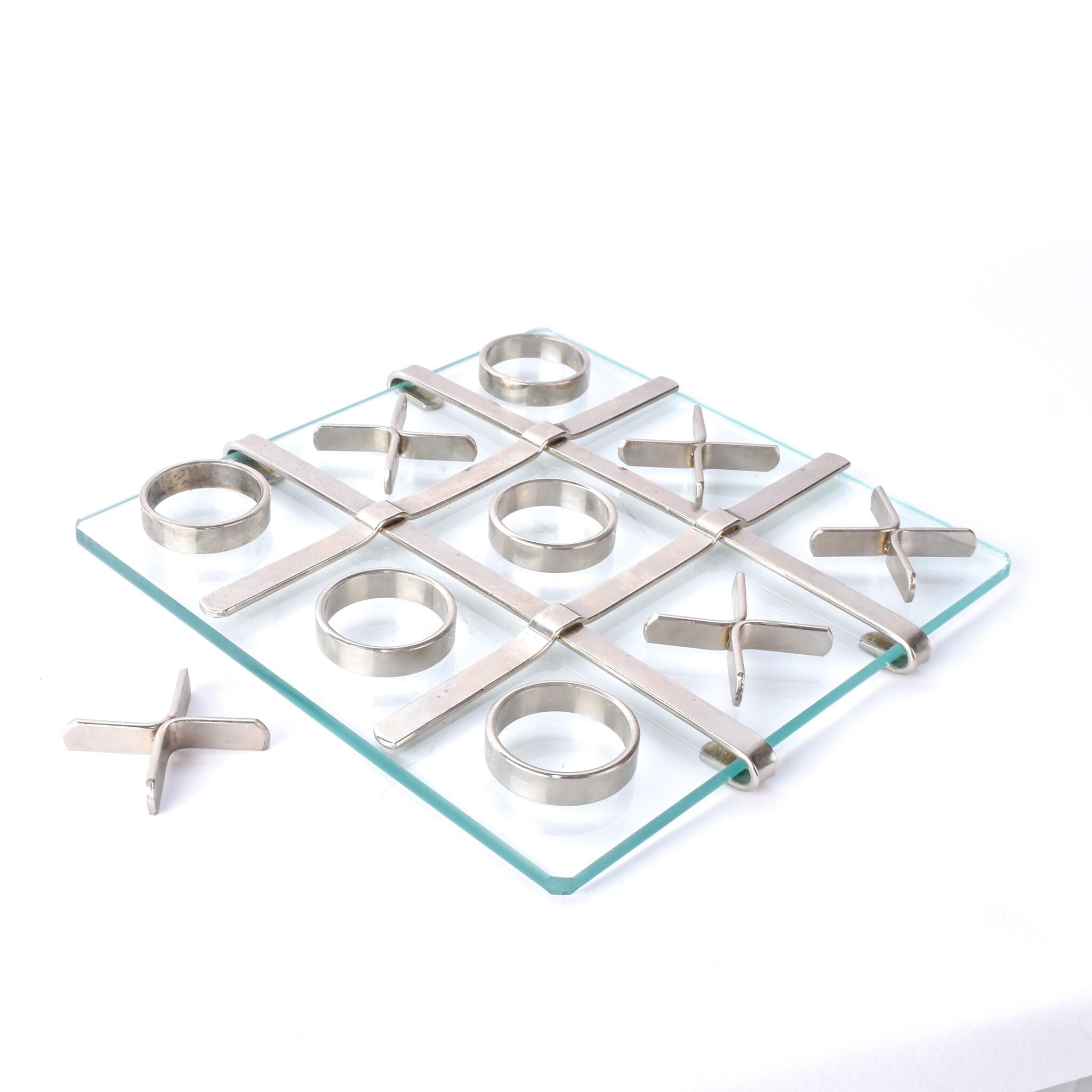 1970s Glass and Steel Tic-Tac-Toe Board and Pieces