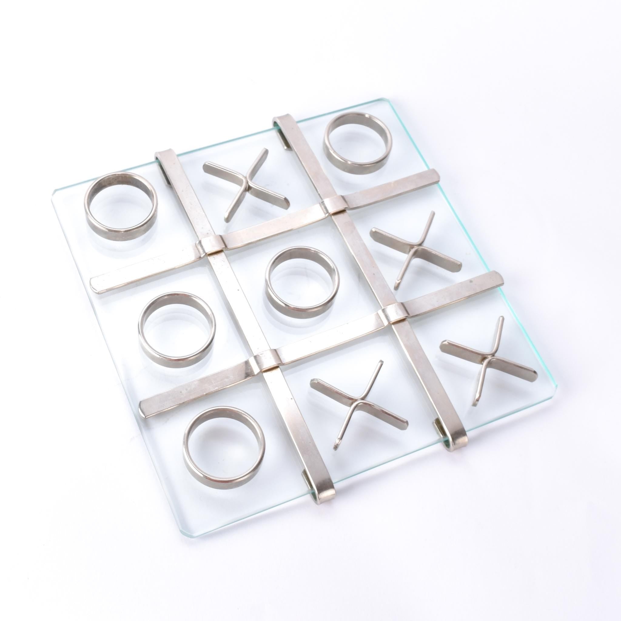1970s Glass and Steel Tic-Tac-Toe Board and Pieces