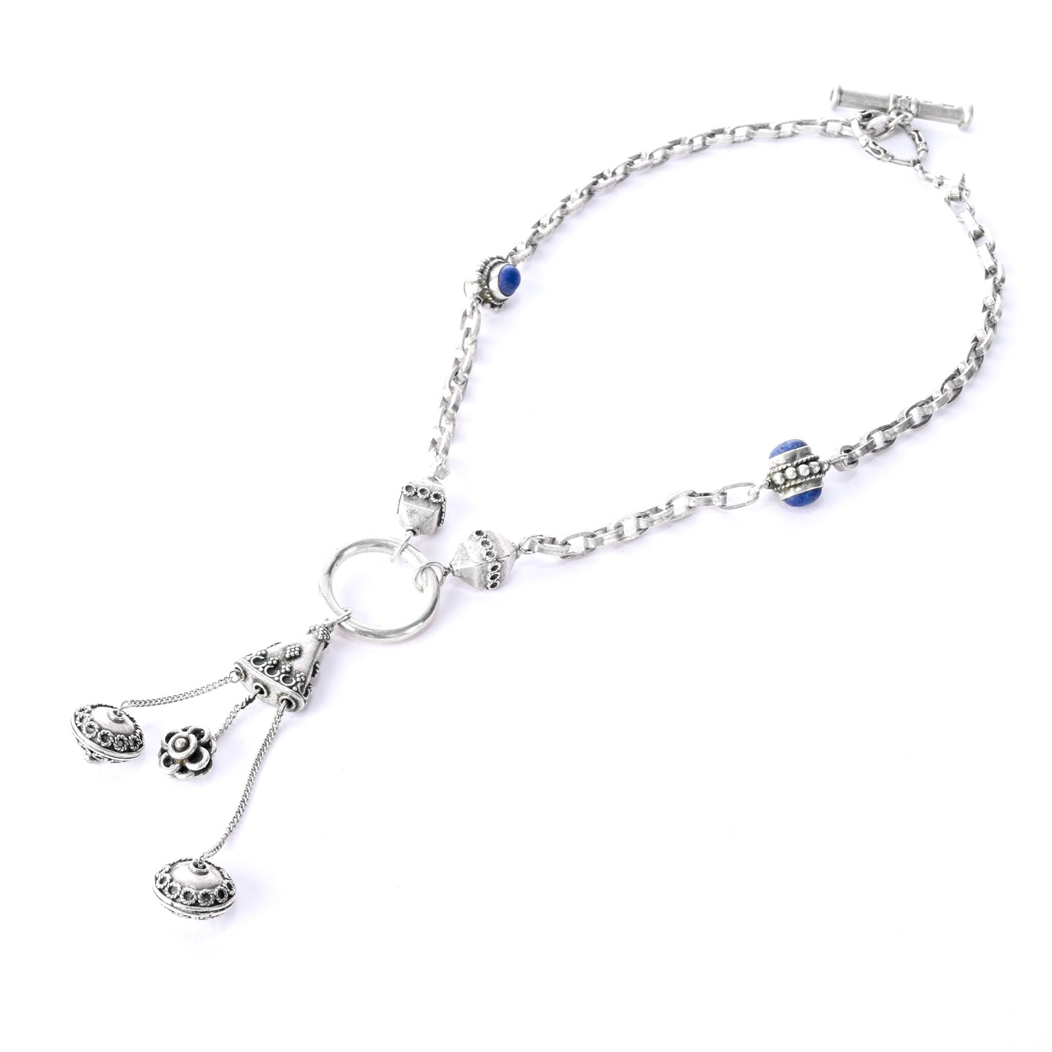 Sterling Silver Ornate Tassel Necklace with Lapis Lazuli Beads