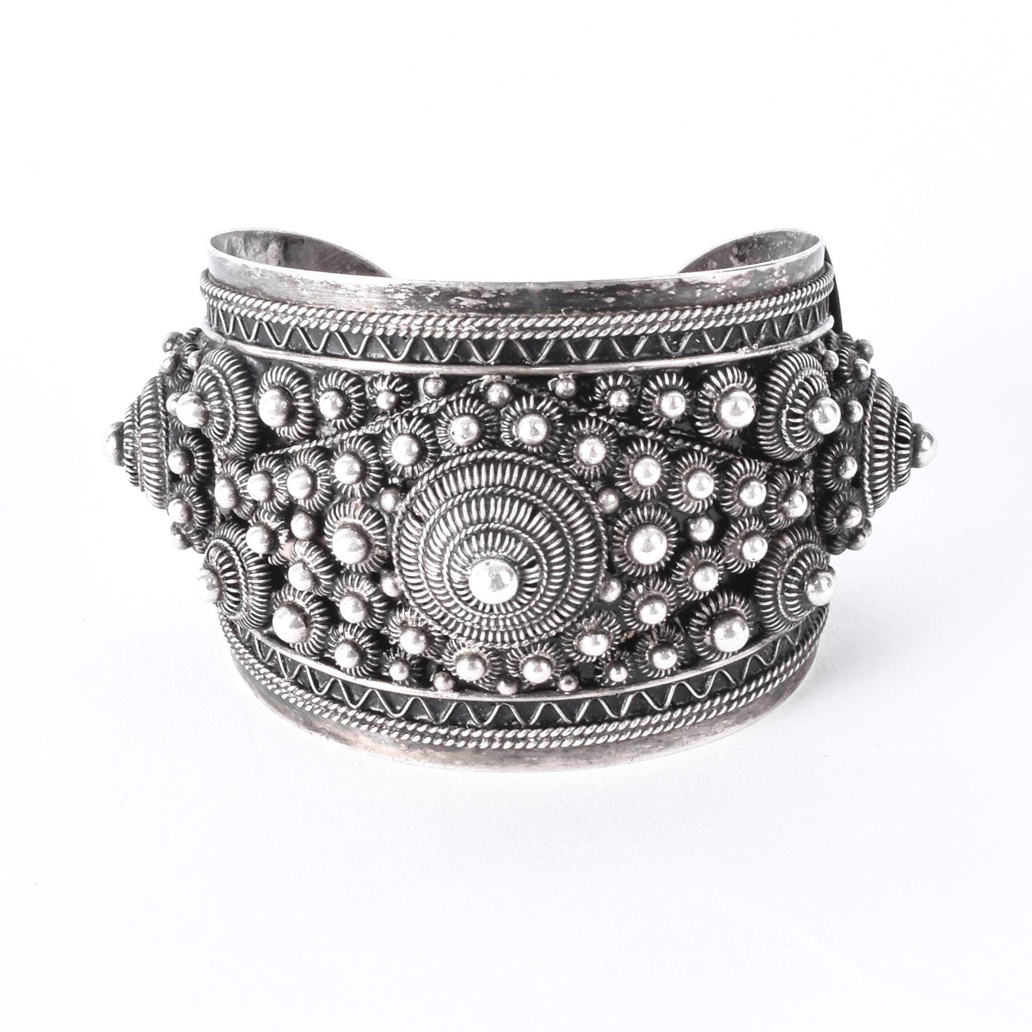 Thailand/Siam Sterling Silver Intricate Geometric Filigree Cuff Bracelet