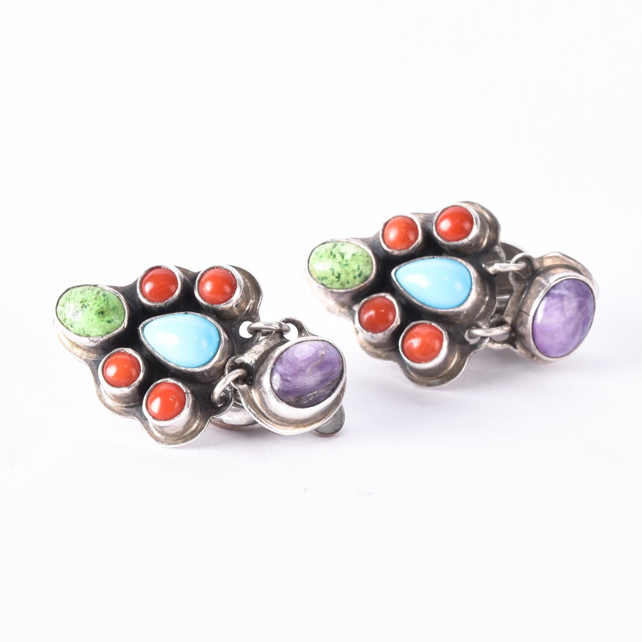 Geneva Apachito Navajo Sterling Silver and Gemstone Dangle Earrings, 31mm