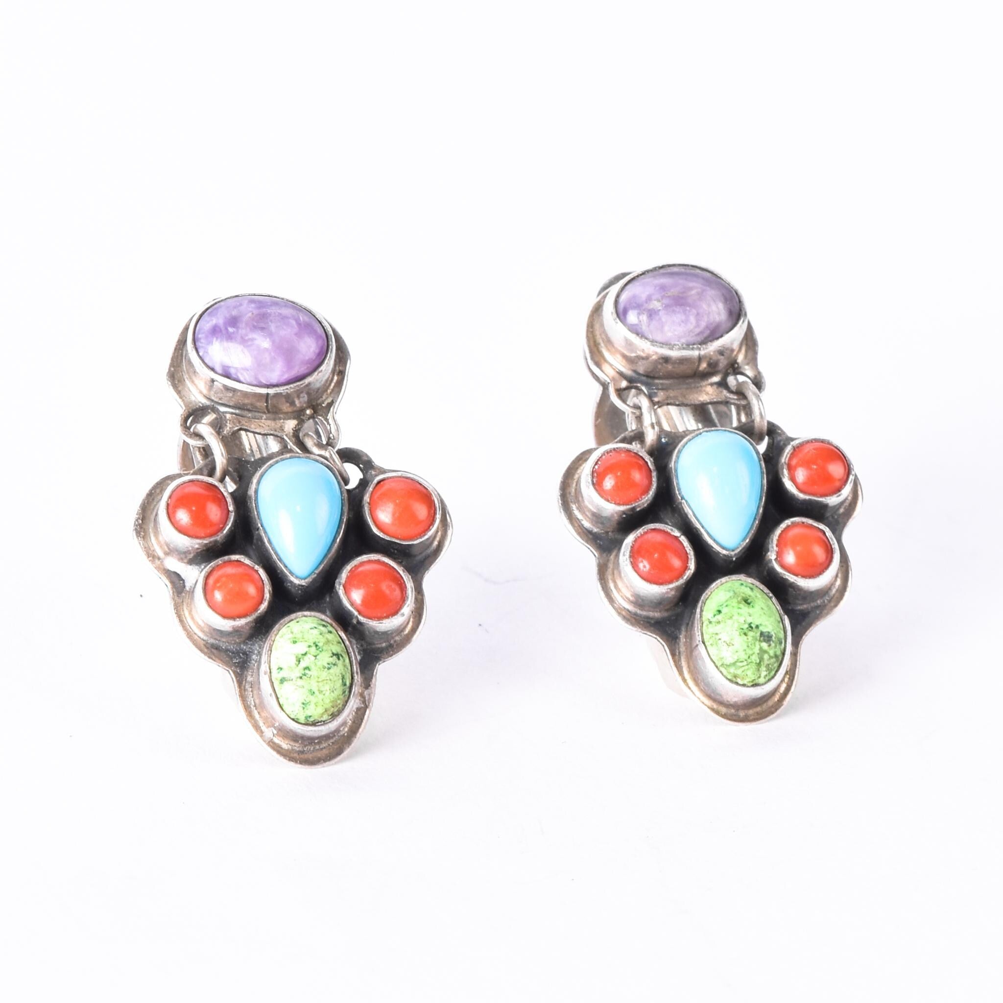 Geneva Apachito Navajo Sterling Silver and Gemstone Dangle Earrings, 31mm