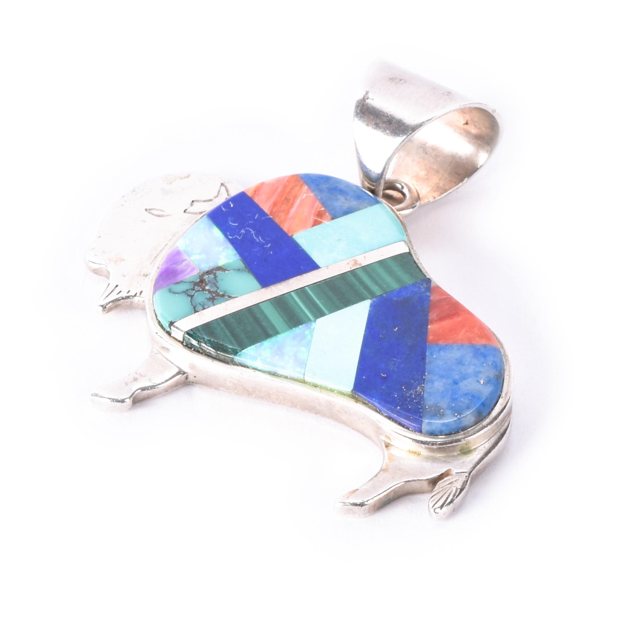 Signed Olson Charleston Sterling Silver Multi-Gemstone Inlay Buffalo Pendant