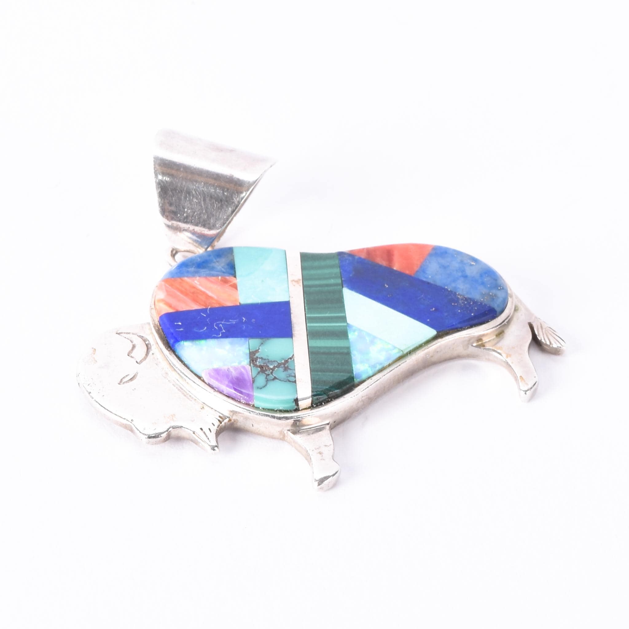 Signed Olson Charleston Sterling Silver Multi-Gemstone Inlay Buffalo Pendant