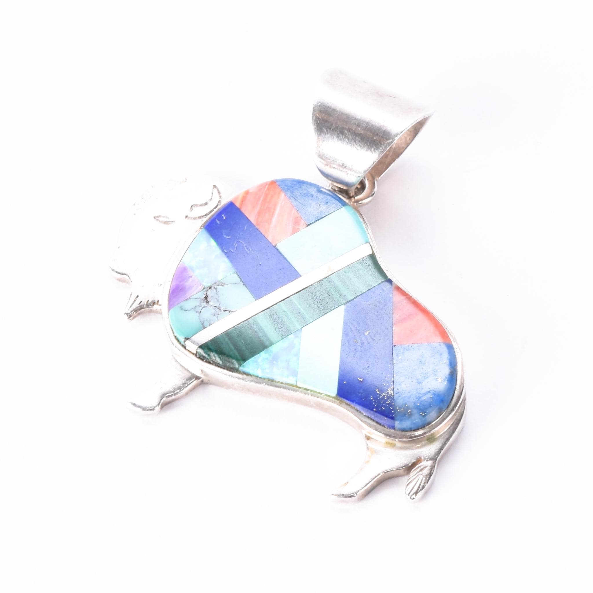 Signed Olson Charleston Sterling Silver Multi-Gemstone Inlay Buffalo Pendant