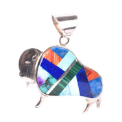 Signed Olson Charleston Sterling Silver Multi-Gemstone Inlay Buffalo Pendant