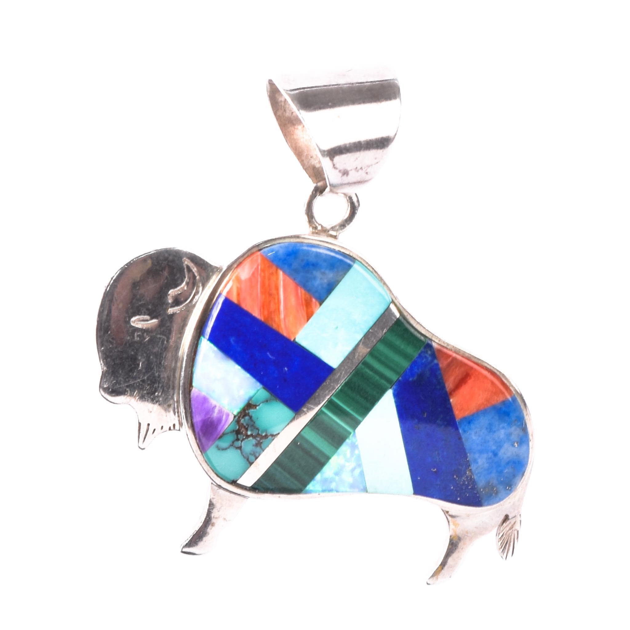 Signed Olson Charleston Sterling Silver Multi-Gemstone Inlay Buffalo Pendant