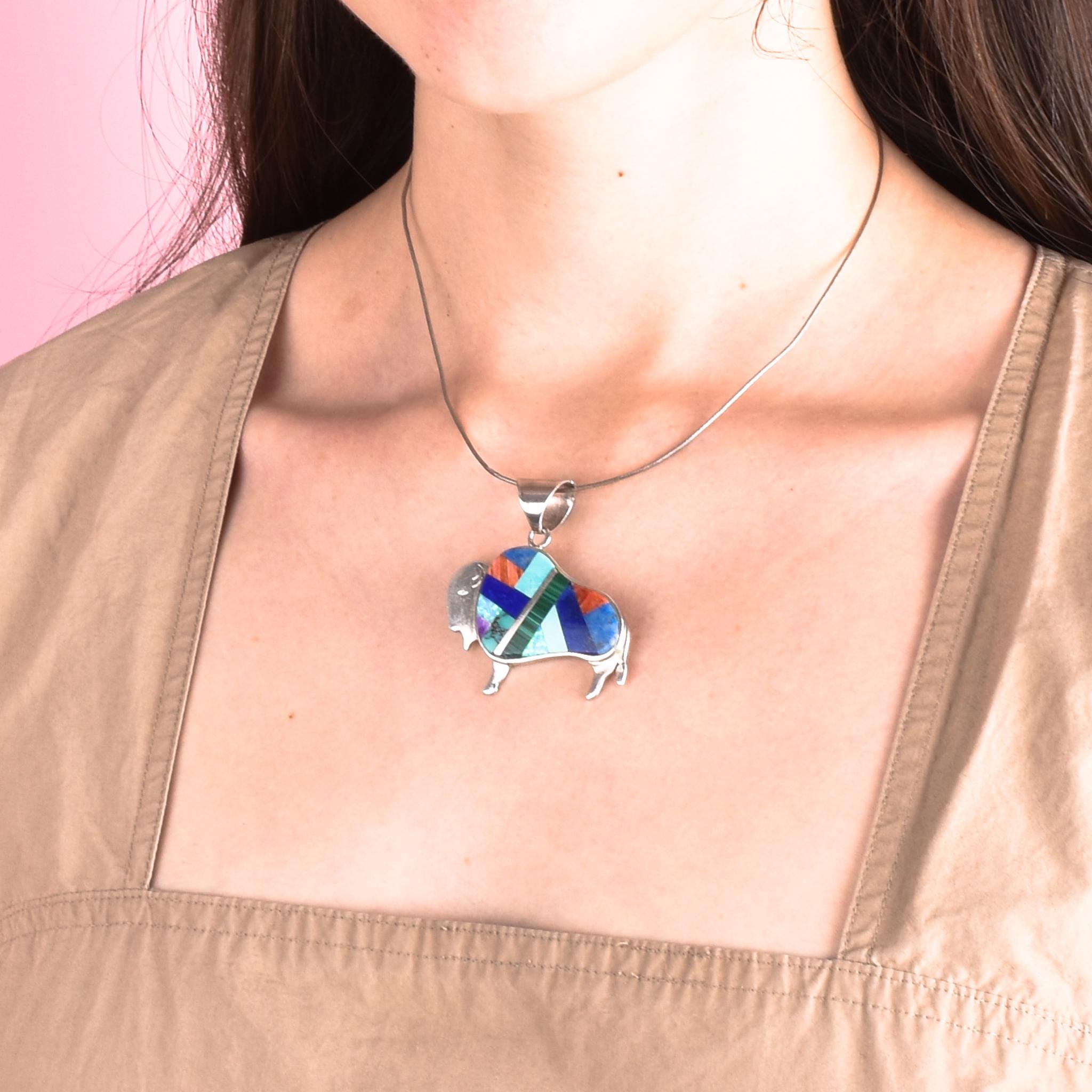 Signed Olson Charleston Sterling Silver Multi-Gemstone Inlay Buffalo Pendant