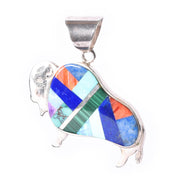 Signed Olson Charleston Sterling Silver Multi-Gemstone Inlay Buffalo Pendant
