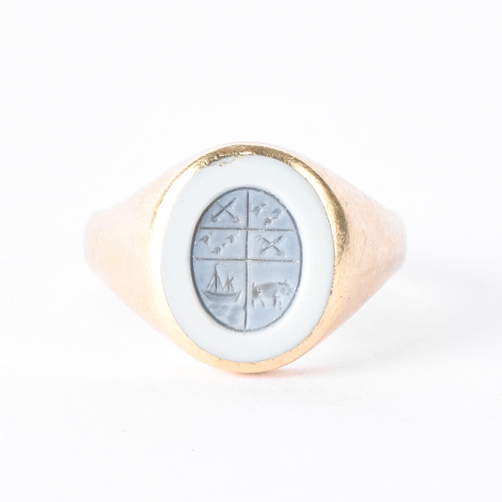 14K Gold Intaglio Blue Sardonyx Family Crest Ring