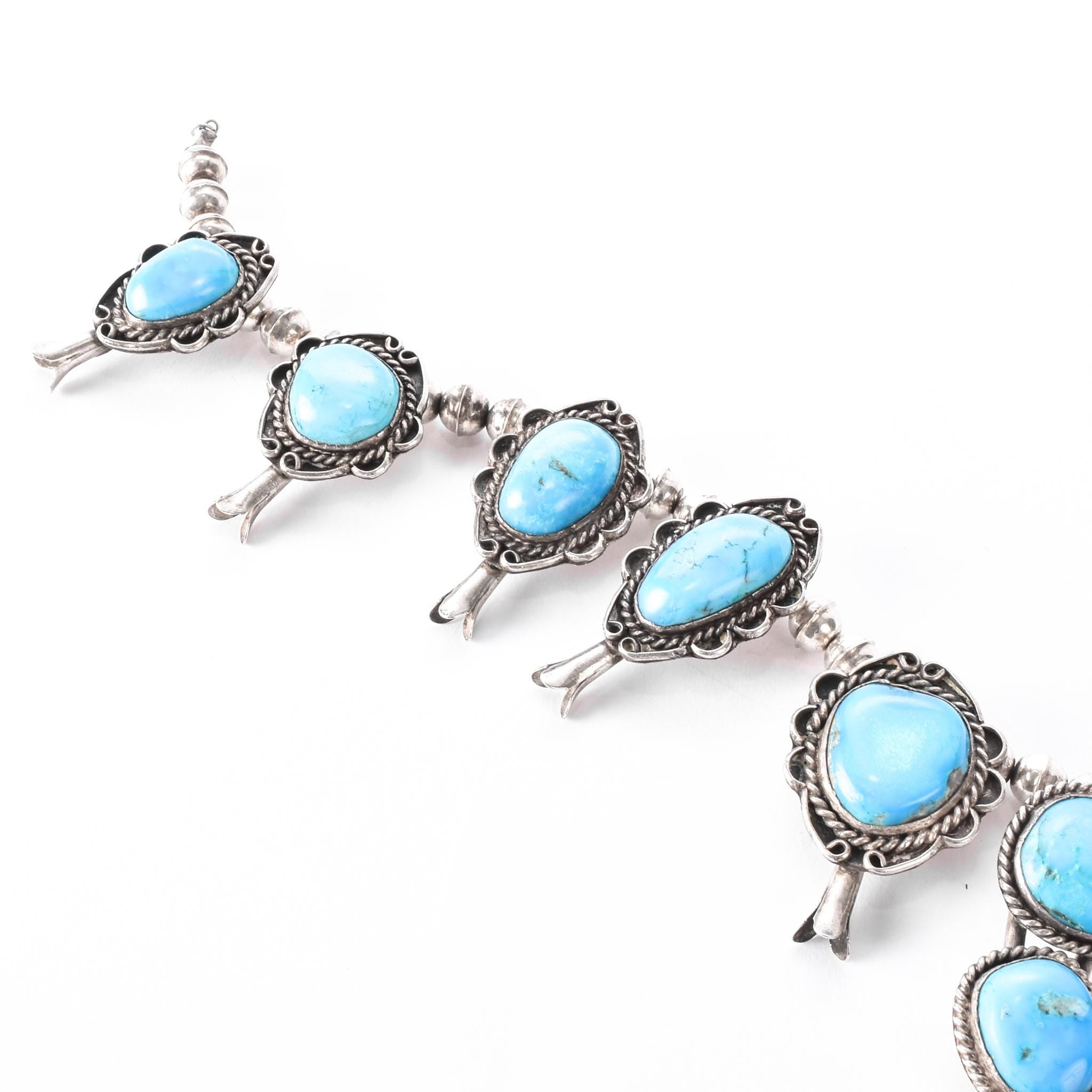 Navajo Sterling Silver Turquoise Squash Blossom Collar Necklace, 18in
