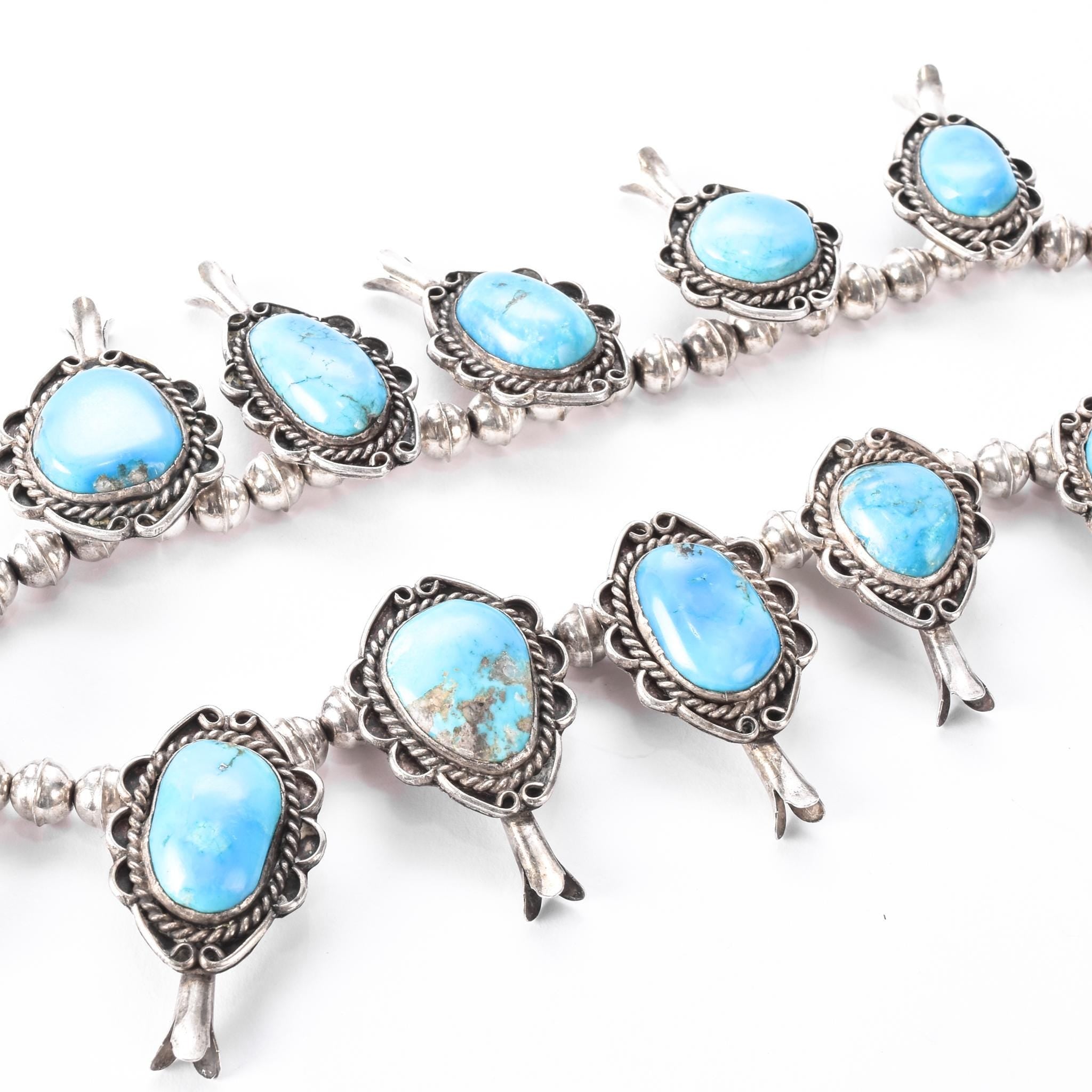 Navajo Sterling Silver Turquoise Squash Blossom Collar Necklace, 18in