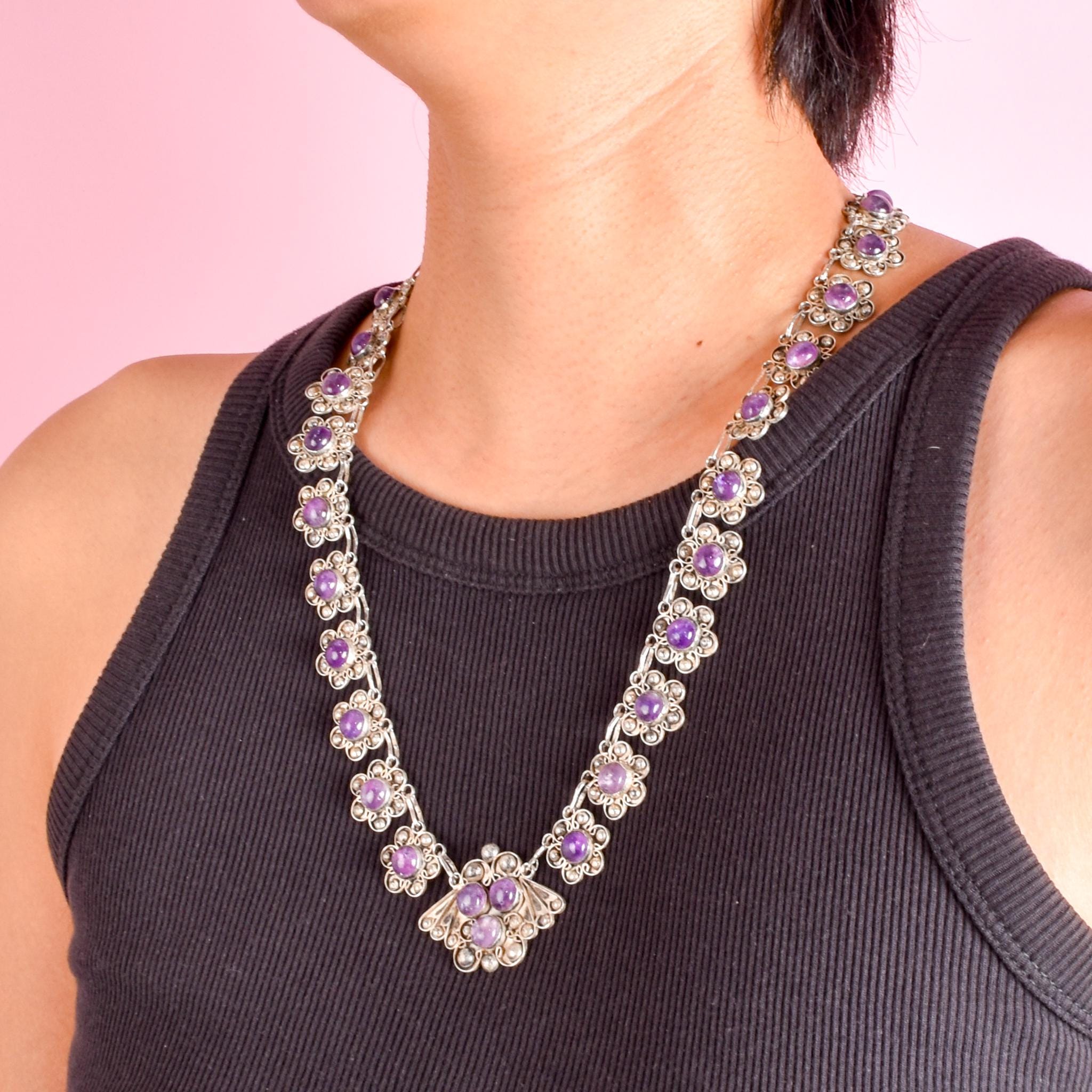 Art Nouveau Sterling Silver Amethyst Cabochon Floral Link Necklace