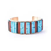 Massive Sterling Silver & Turquoise Multi-Gemstone Cobblestone Inlay Cuff Bracelet