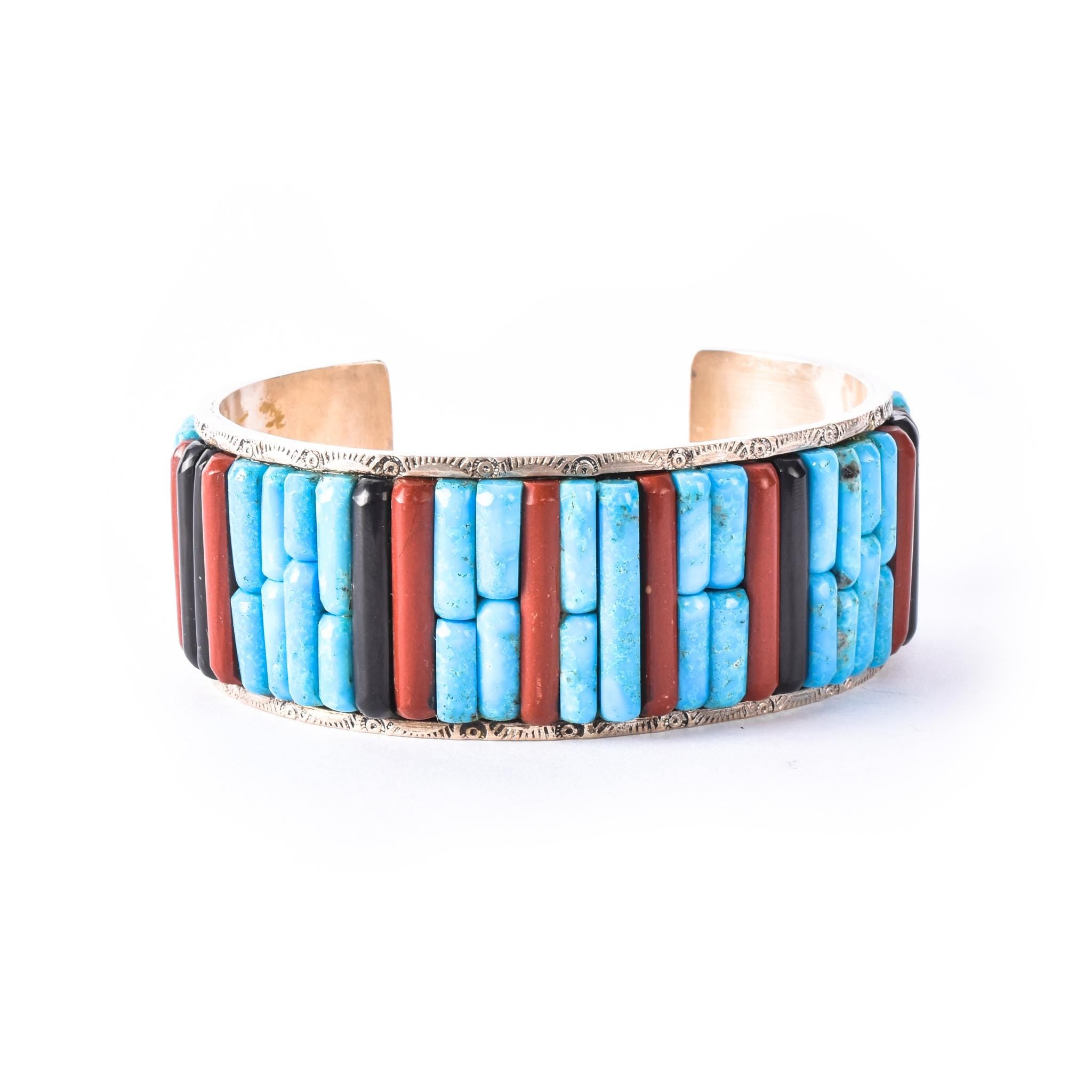 Massive Sterling Silver & Turquoise Multi-Gemstone Cobblestone Inlay Cuff Bracelet