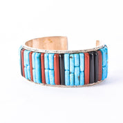 Massive Sterling Silver & Turquoise Multi-Gemstone Cobblestone Inlay Cuff Bracelet
