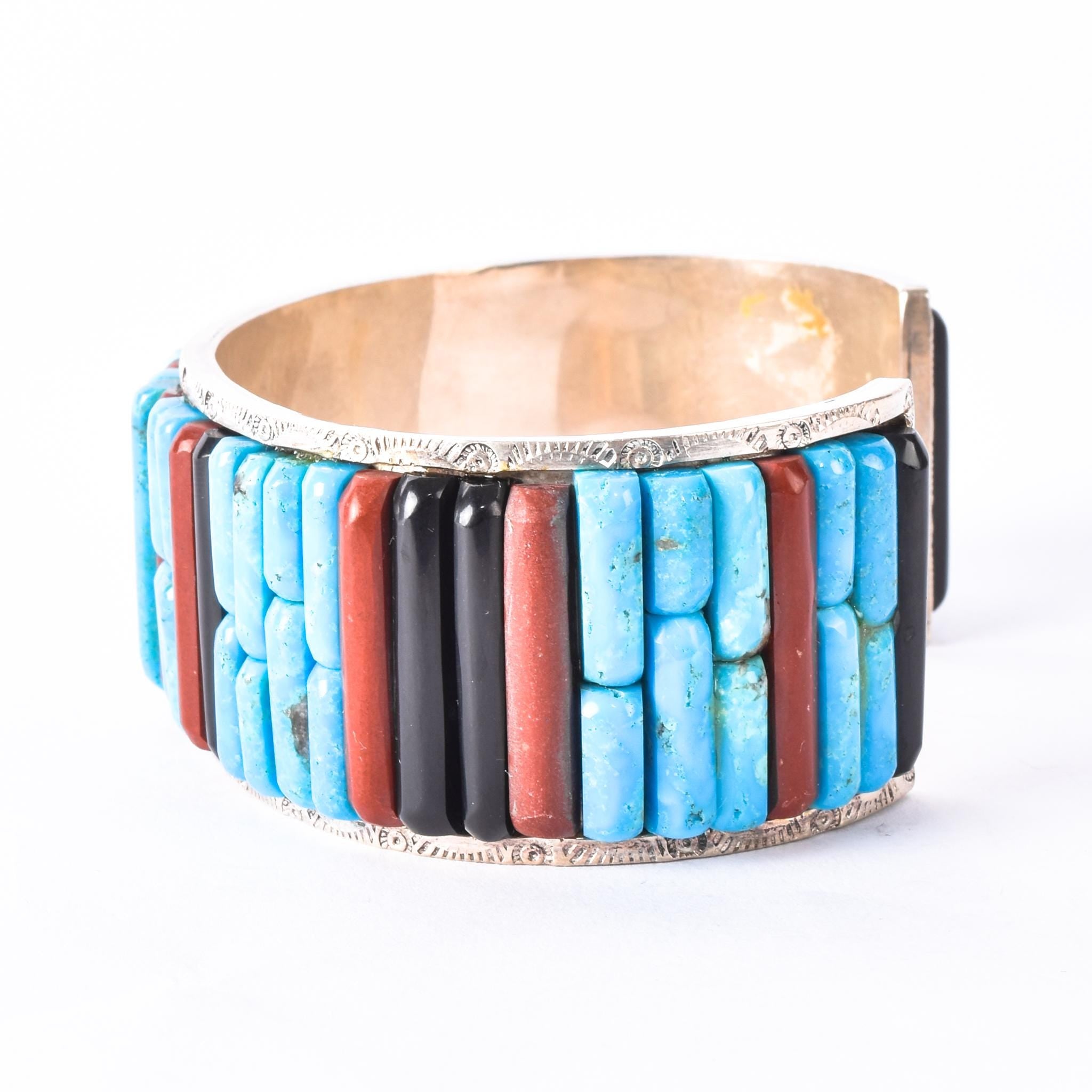 Massive Sterling Silver & Turquoise Multi-Gemstone Cobblestone Inlay Cuff Bracelet