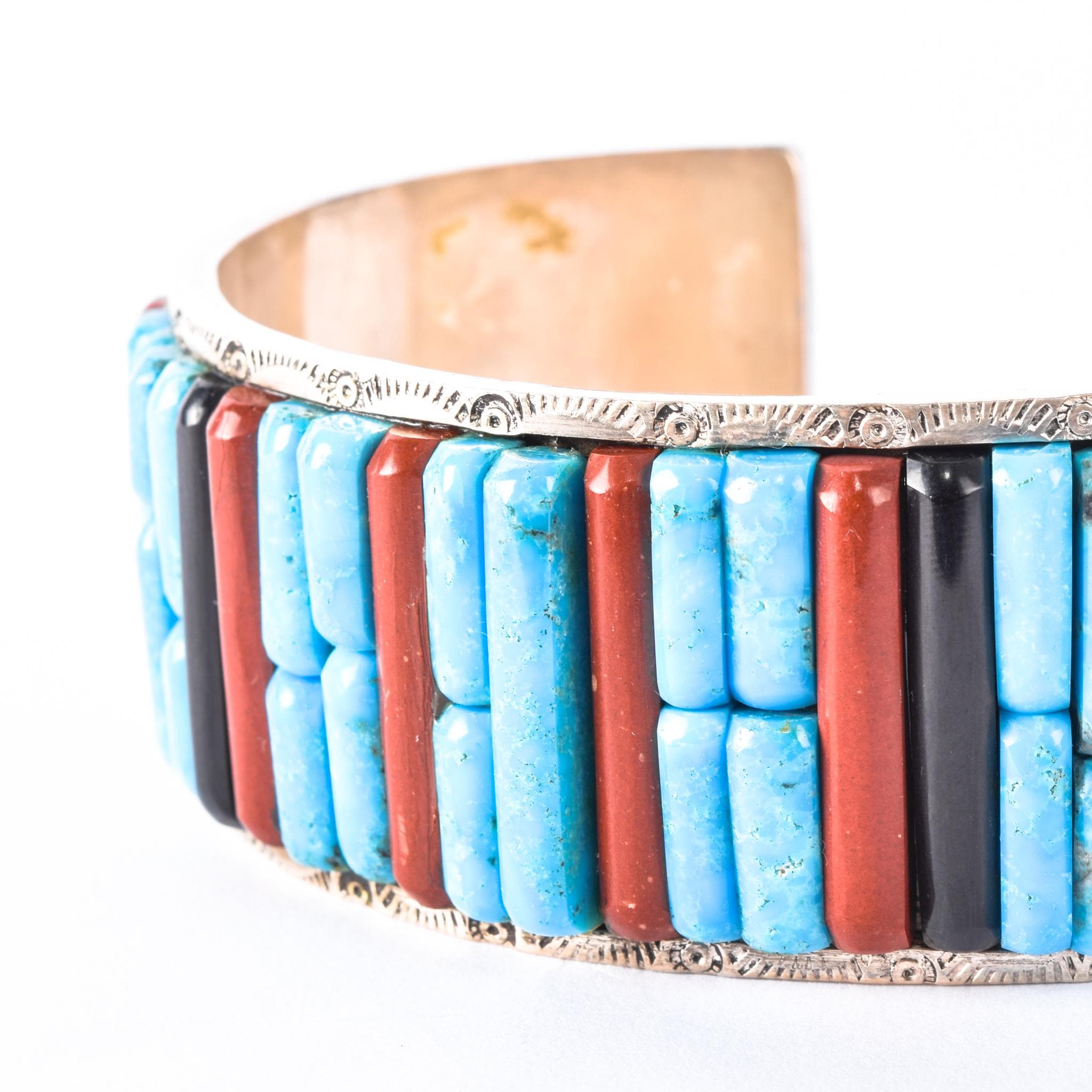 Massive Sterling Silver & Turquoise Multi-Gemstone Cobblestone Inlay Cuff Bracelet
