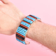 Massive Sterling Silver & Turquoise Multi-Gemstone Cobblestone Inlay Cuff Bracelet