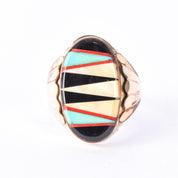 Sterling Silver & Gold Vermeil Multi-Gemstone Zuni Inlay Ring
