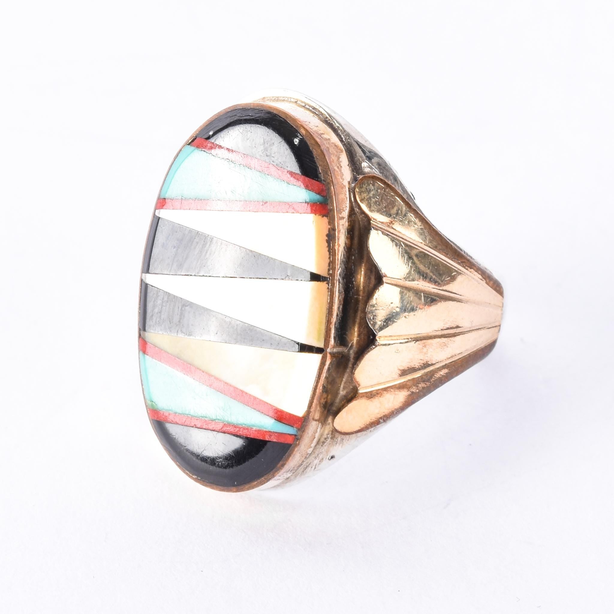 Sterling Silver & Gold Vermeil Multi-Gemstone Zuni Inlay Ring