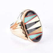 Sterling Silver & Gold Vermeil Multi-Gemstone Zuni Inlay Ring