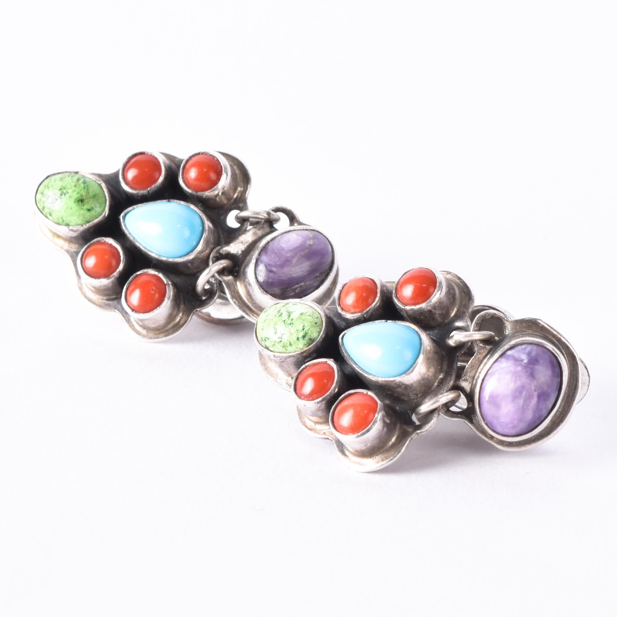 Geneva Apachito Navajo Sterling Silver and Gemstone Dangle Earrings, 31mm
