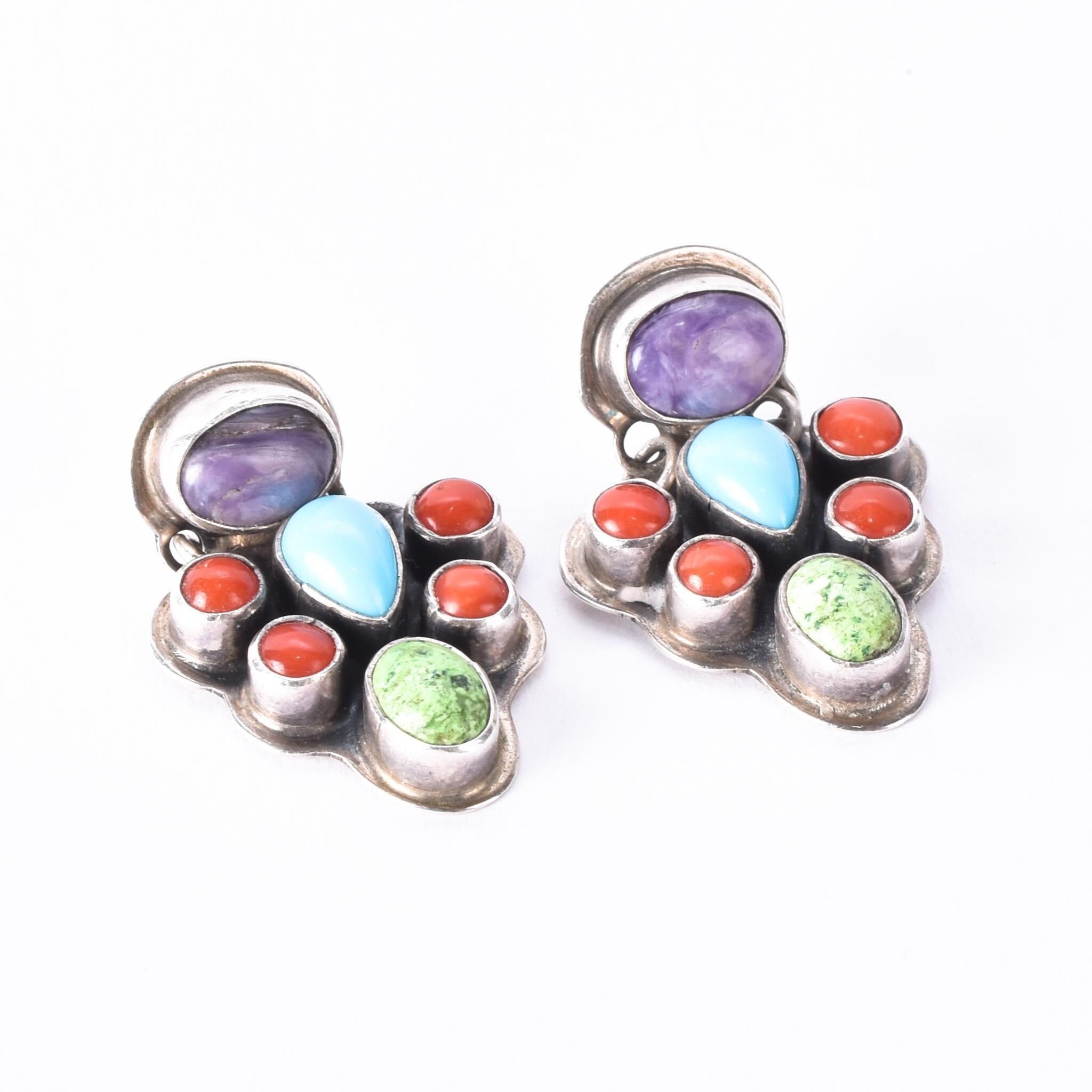 Geneva Apachito Navajo Sterling Silver and Gemstone Dangle Earrings, 31mm