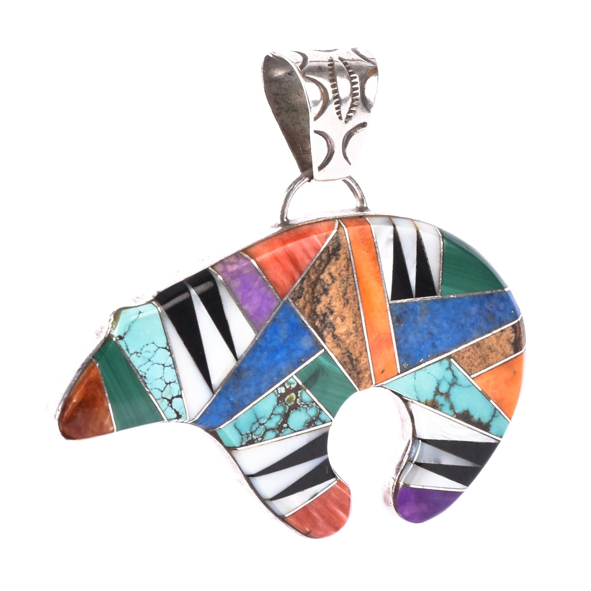 Sterling Silver Zuni Multi-Stone Inlay Medicine Bear Pendant