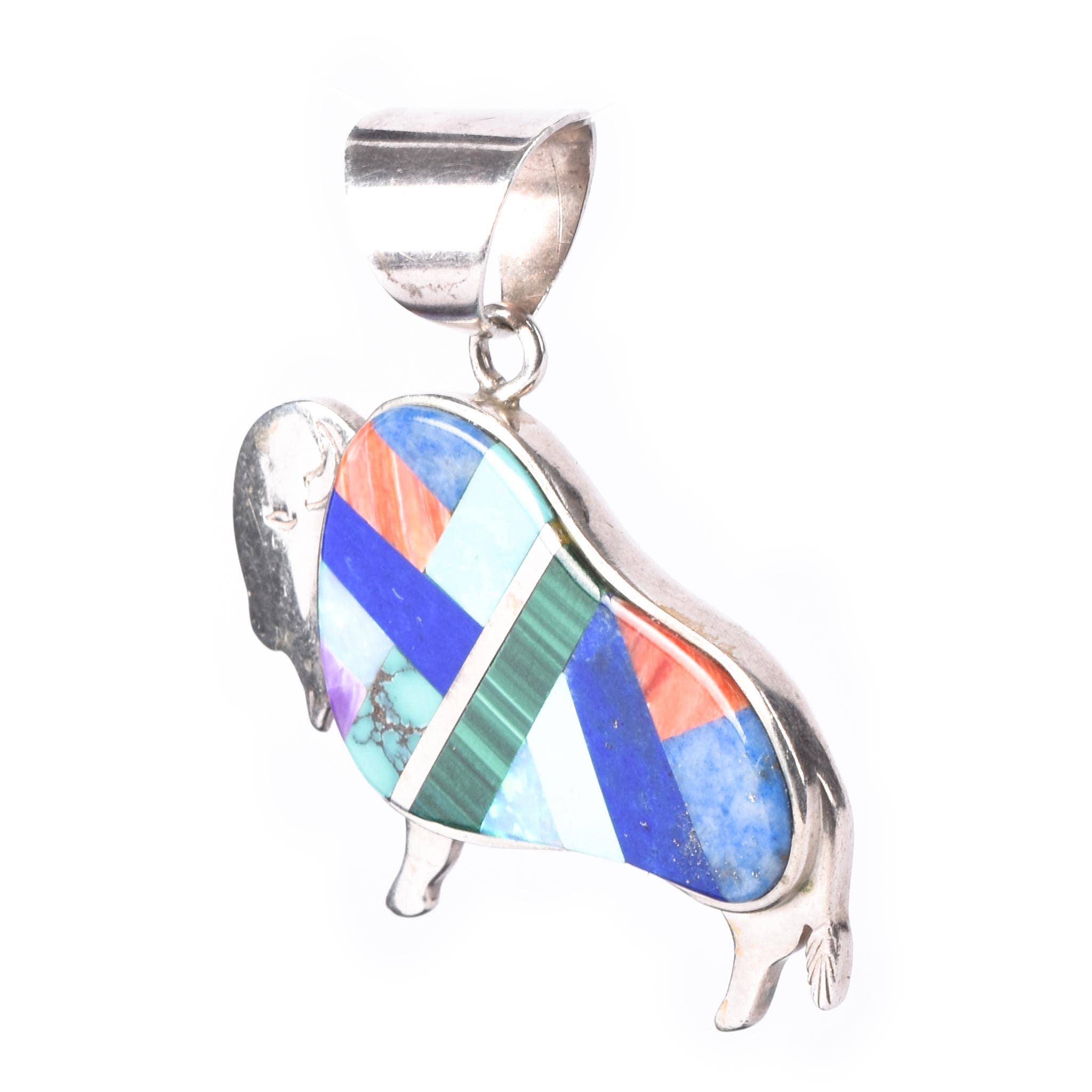 Signed Olson Charleston Sterling Silver Multi-Gemstone Inlay Buffalo Pendant